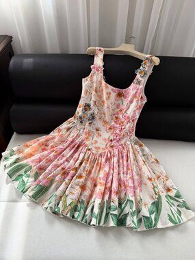 Agua by Agua Bendita Floral Linen Mini Dress - 3D Appliqué & Botanical Print